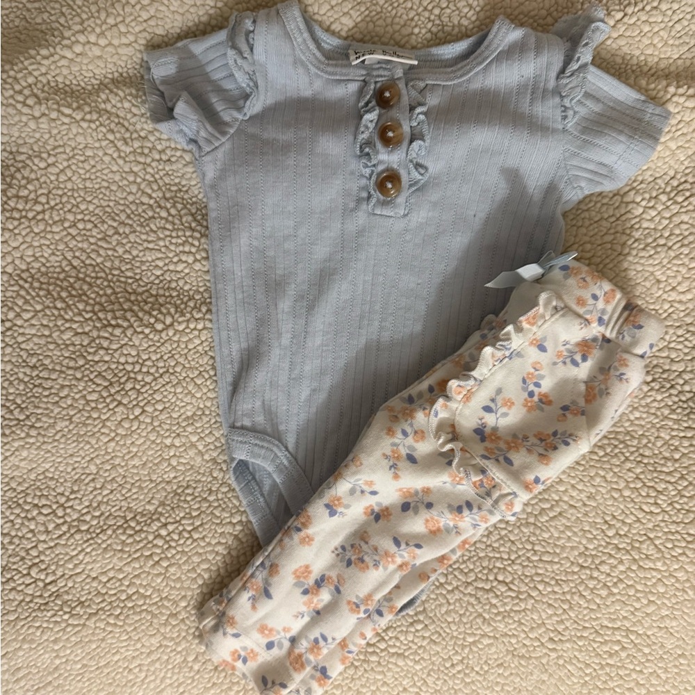 Blue Ribbed Onesie and Floral Pants Set